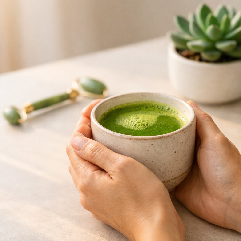 Woman's hands holding a warm cup of matcha with a jade roller and succulent nearby