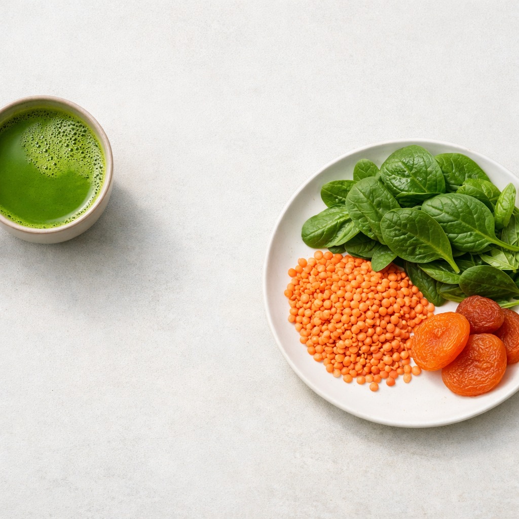 Cup of matcha placed apart from a plate of iron-rich spinach and dried apricots