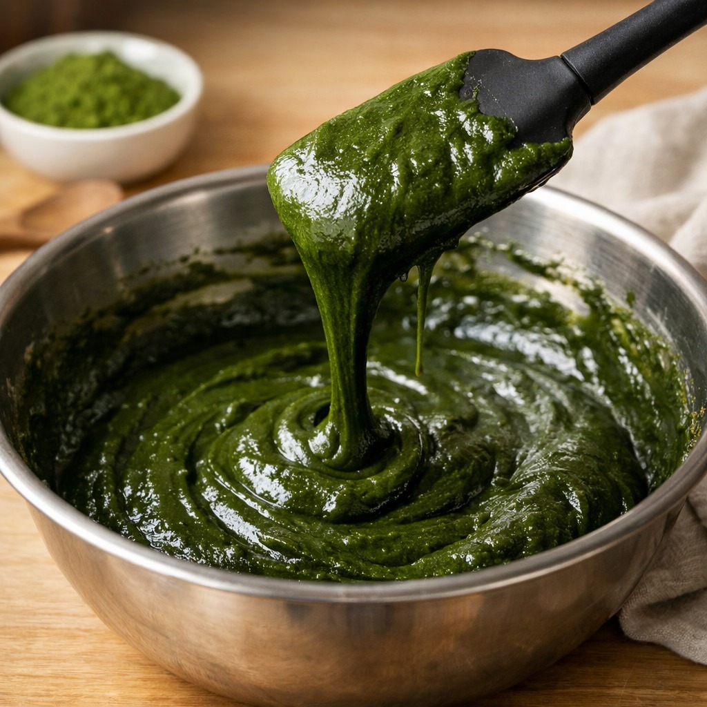 Rührschüssel mit dickem, fudgy grünem Matcha Brownie-Teig, ein Spatel hebt eine Teigschleife