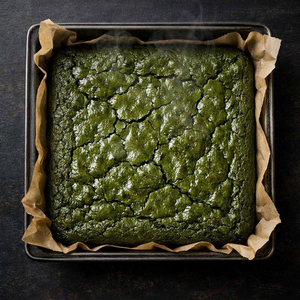 Matcha Brownies in einer quadratischen Backform mit glänzender, rissiger Oberfläche, bestäubt mit Matcha-Pulver
