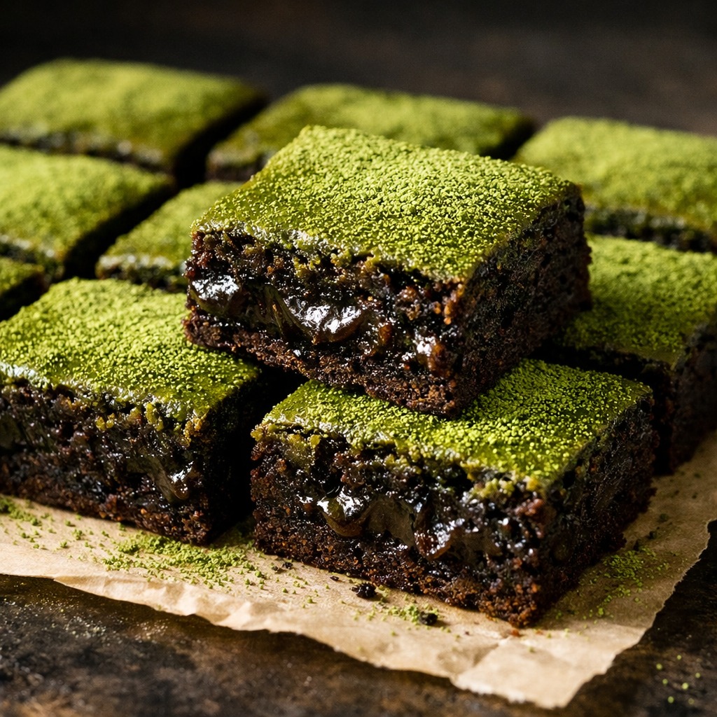 Gitter aus geschnittenen Matcha Brownies, eines wird schräg angehoben und zeigt dicht fudgy Inneres