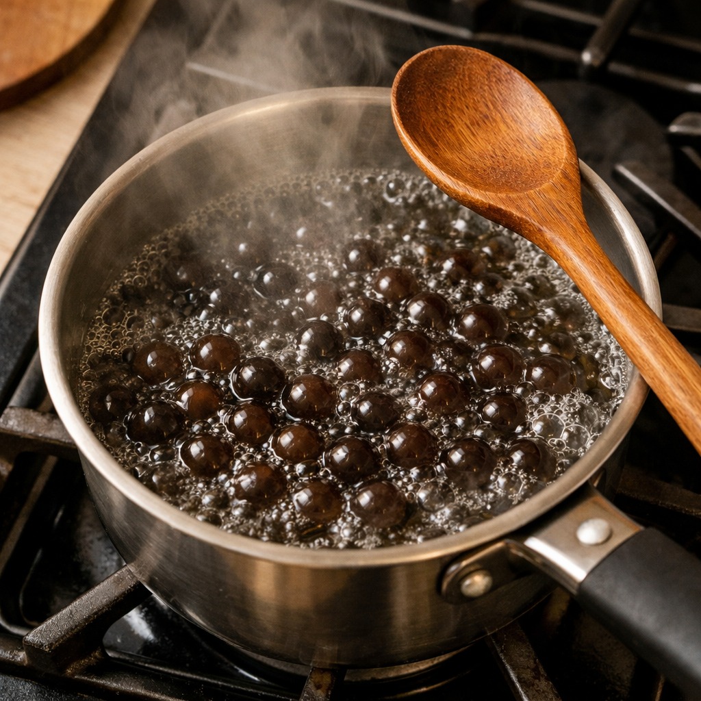Kochtopf mit kochendem Wasser und dunklen Tapioka-Perlen, ein Holzlöffel am Rand