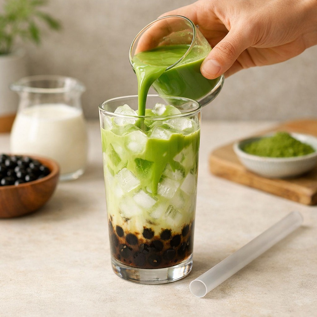 Matcha Bubble Tea beim Zusammenbauen: Tapioka-Perlen am Boden, Eis und grüne Matcha-Milch darüber