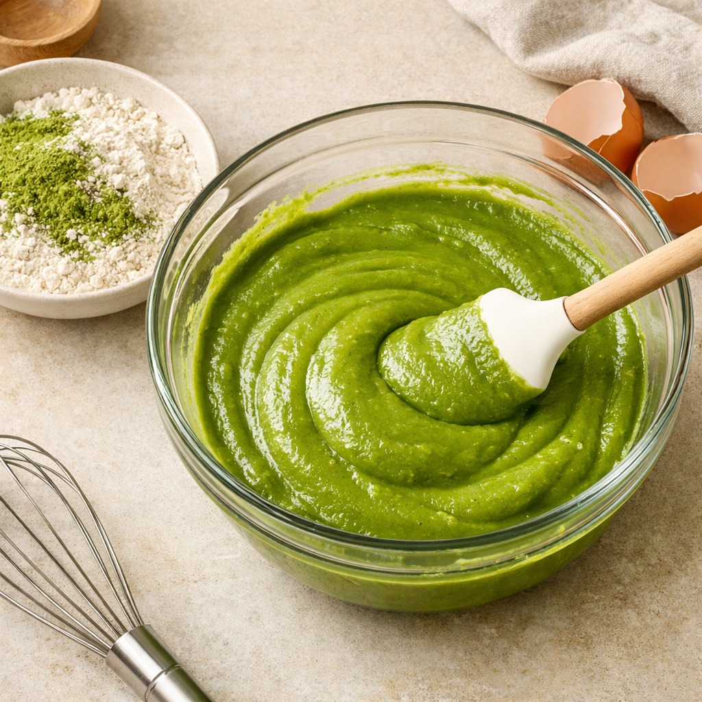 Rührschüssel mit leuchtend grünem Matcha-Kuchenteig, ein Teigschaber und gesiebte trockene Zutaten