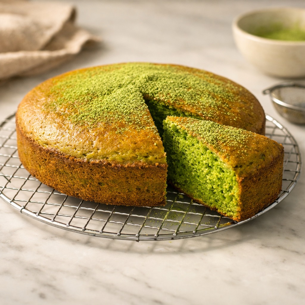 Matcha Kuchen kühlt auf einem Gitter ab, ein Stück herausgezogen zeigt die leuchtend grüne Krume