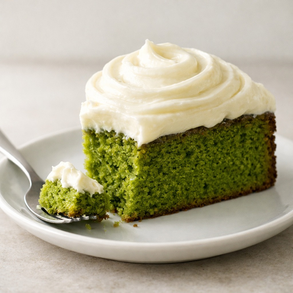 Stück Matcha Kuchen mit weissem Frischkäse-Frosting auf einem Teller mit Gabel