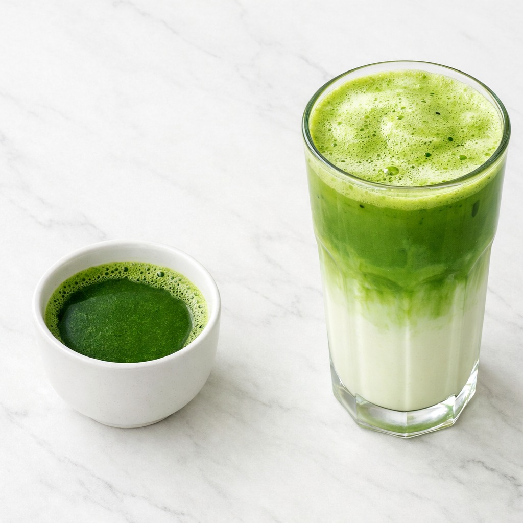 Small cup of plain matcha beside a tall rich matcha latte showing the calorie difference