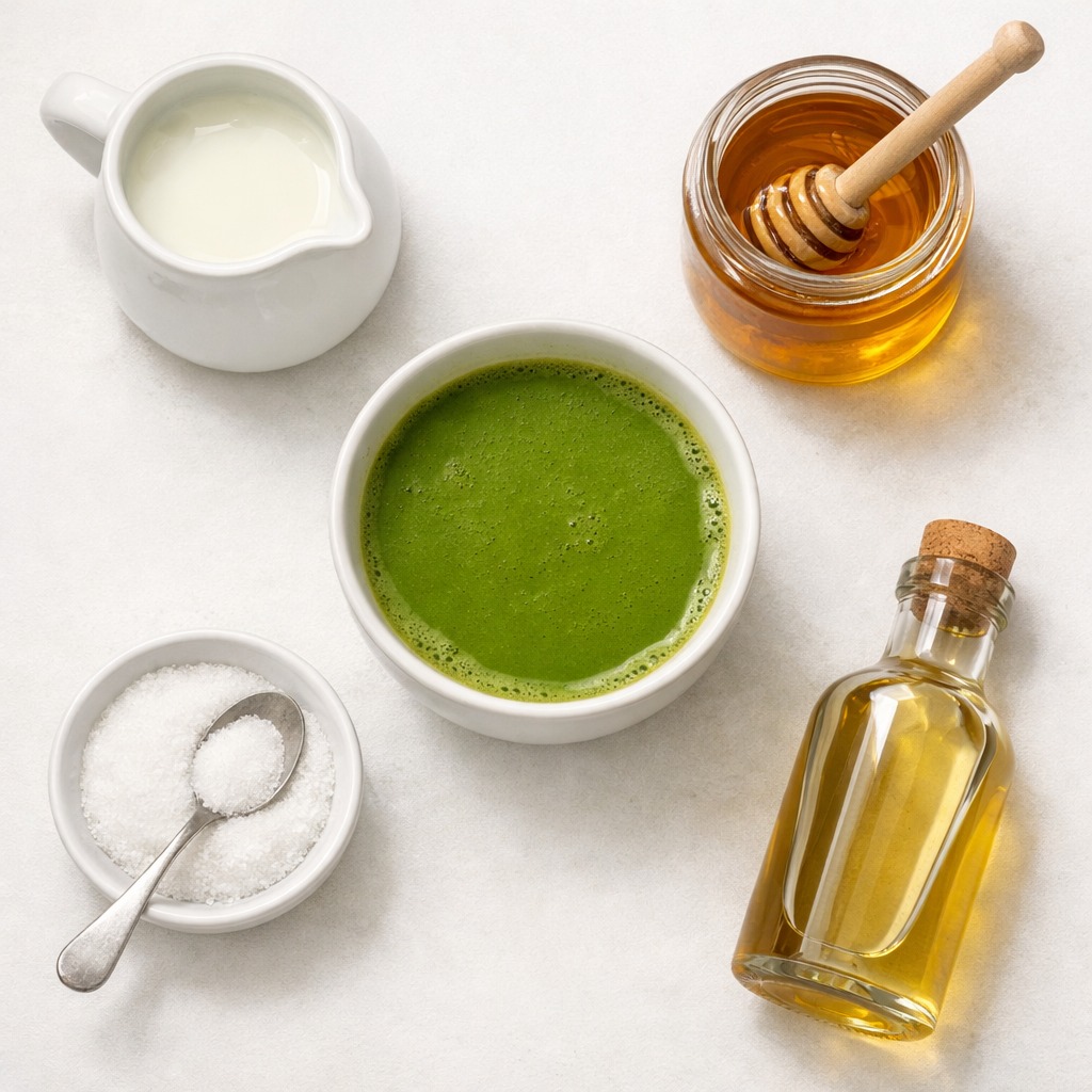 Flat lay of calorie-adding matcha extras: whole milk, honey, sugar, and syrup around a plain matcha