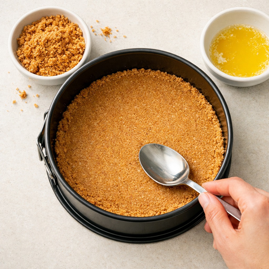 Crushed biscuit crumbs being pressed into a springform tin base with the back of a spoon