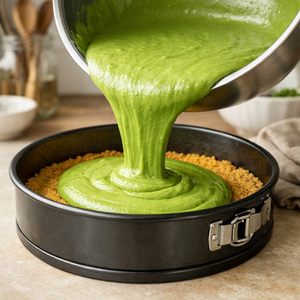 Bright green matcha cheesecake filling being poured over a golden biscuit base in a tin