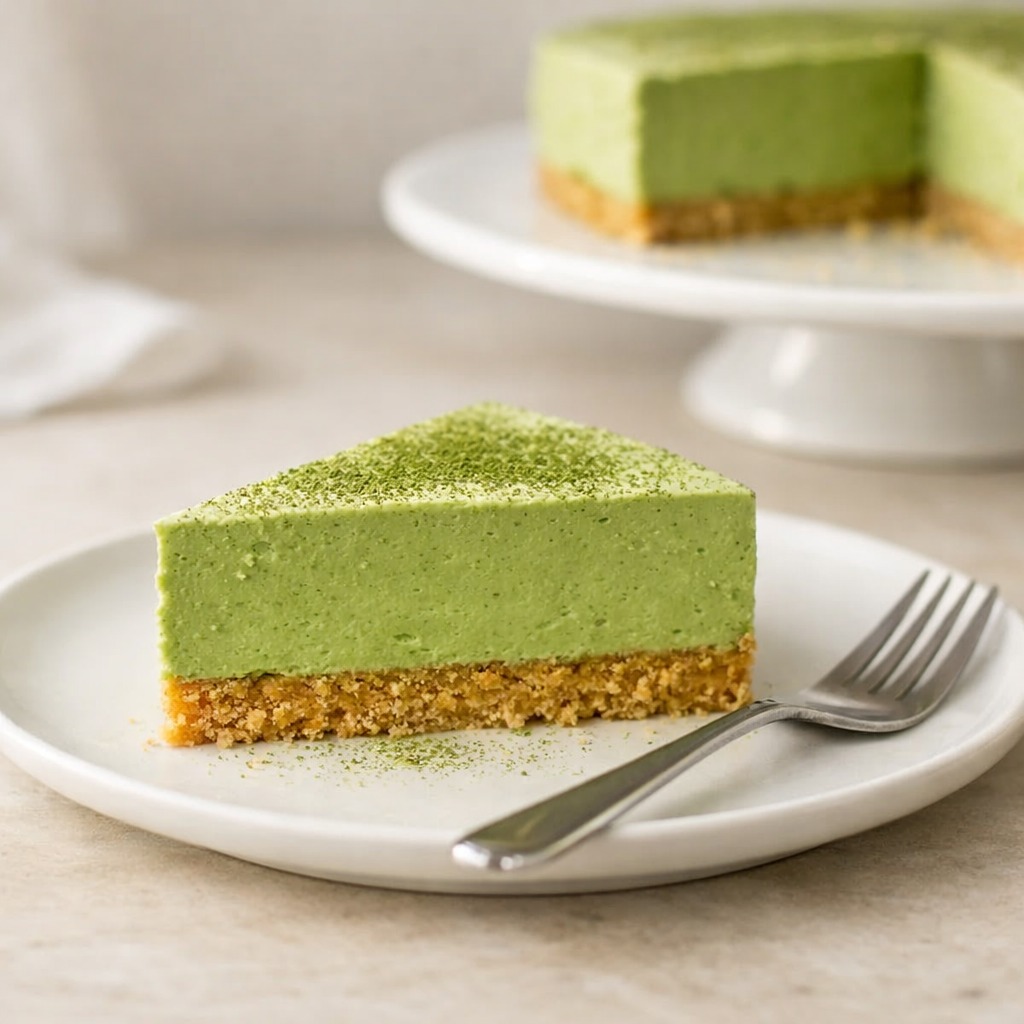 Clean slice of matcha cheesecake showing golden biscuit base and smooth green filling