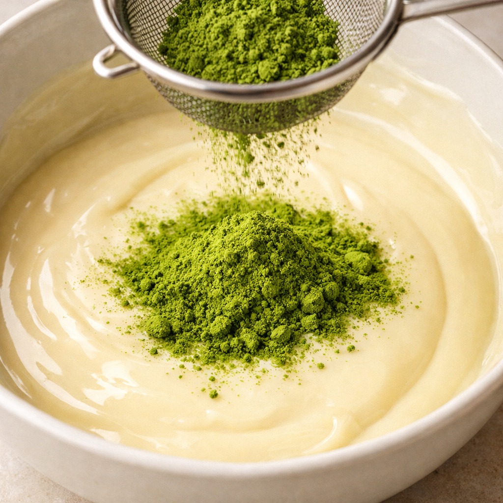 Bright green matcha powder being sifted into a bowl of melted white chocolate