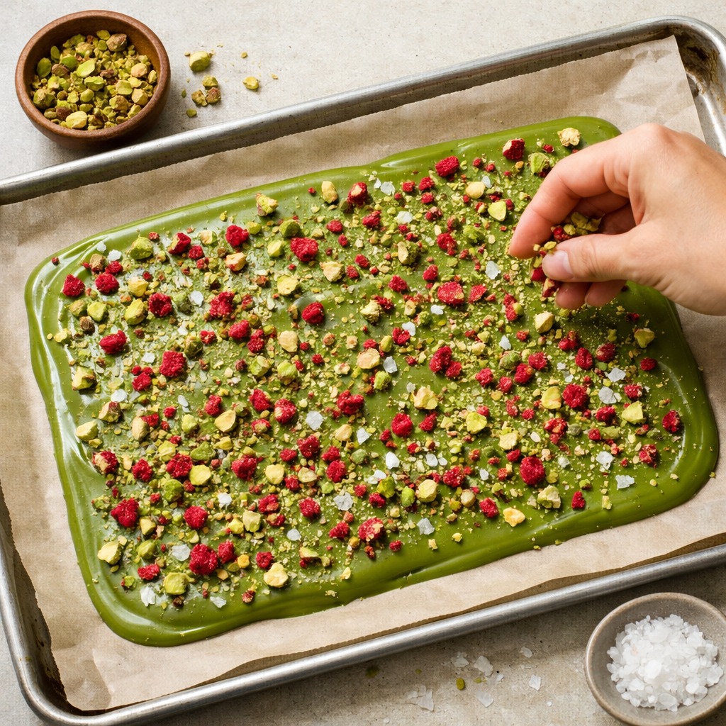 Matcha white chocolate bark on a tray with pistachios and raspberries being scattered on top