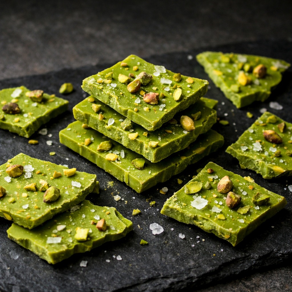 Broken pieces of matcha white chocolate bark with pistachios and sea salt on dark slate
