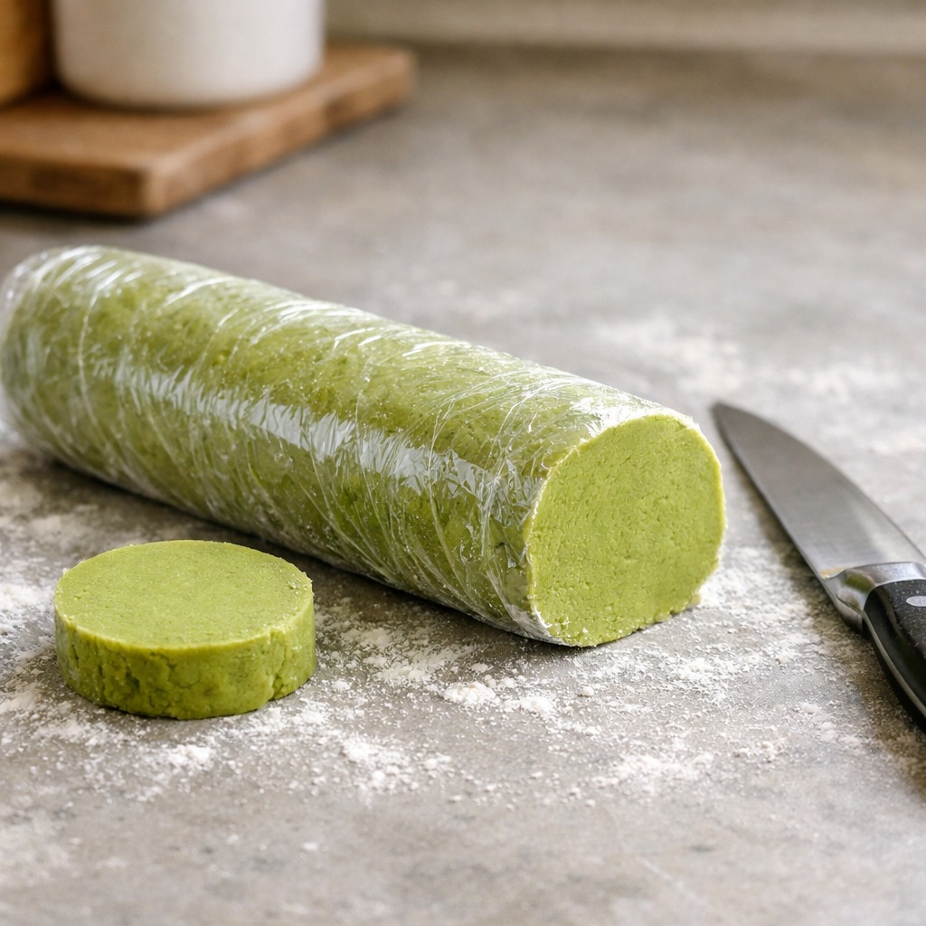 Pale green matcha shortbread dough log with one end sliced on a floured surface