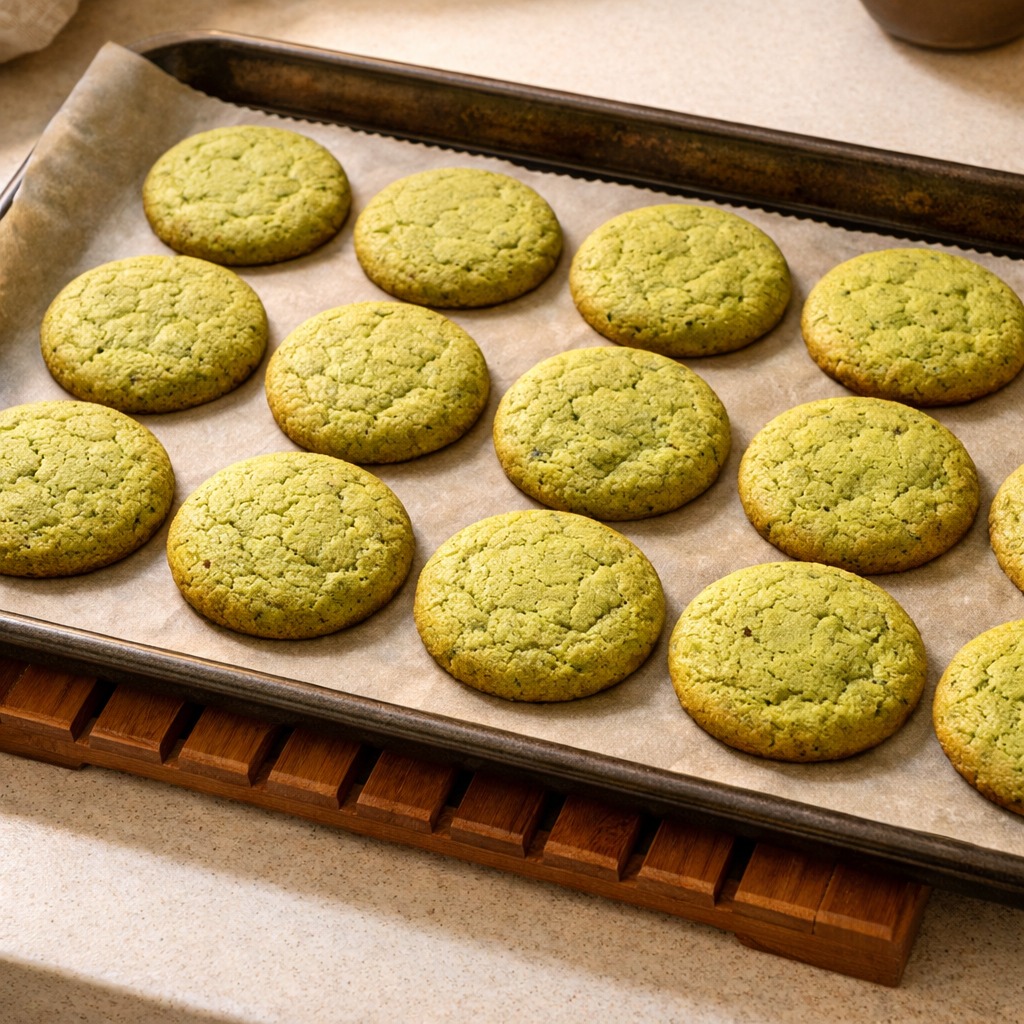 Rows of freshly baked round matcha cookies on a parchment-lined baking tray