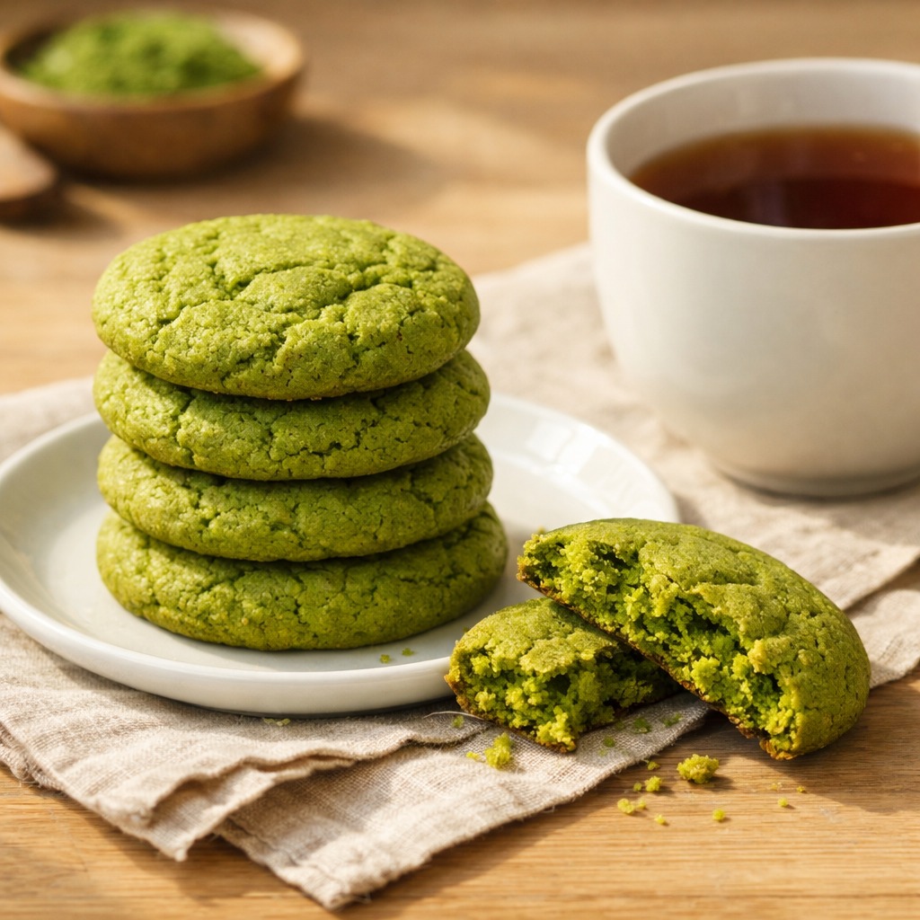 Stack of four matcha cookies next to a cup of tea, one cookie broken showing crumbly interior