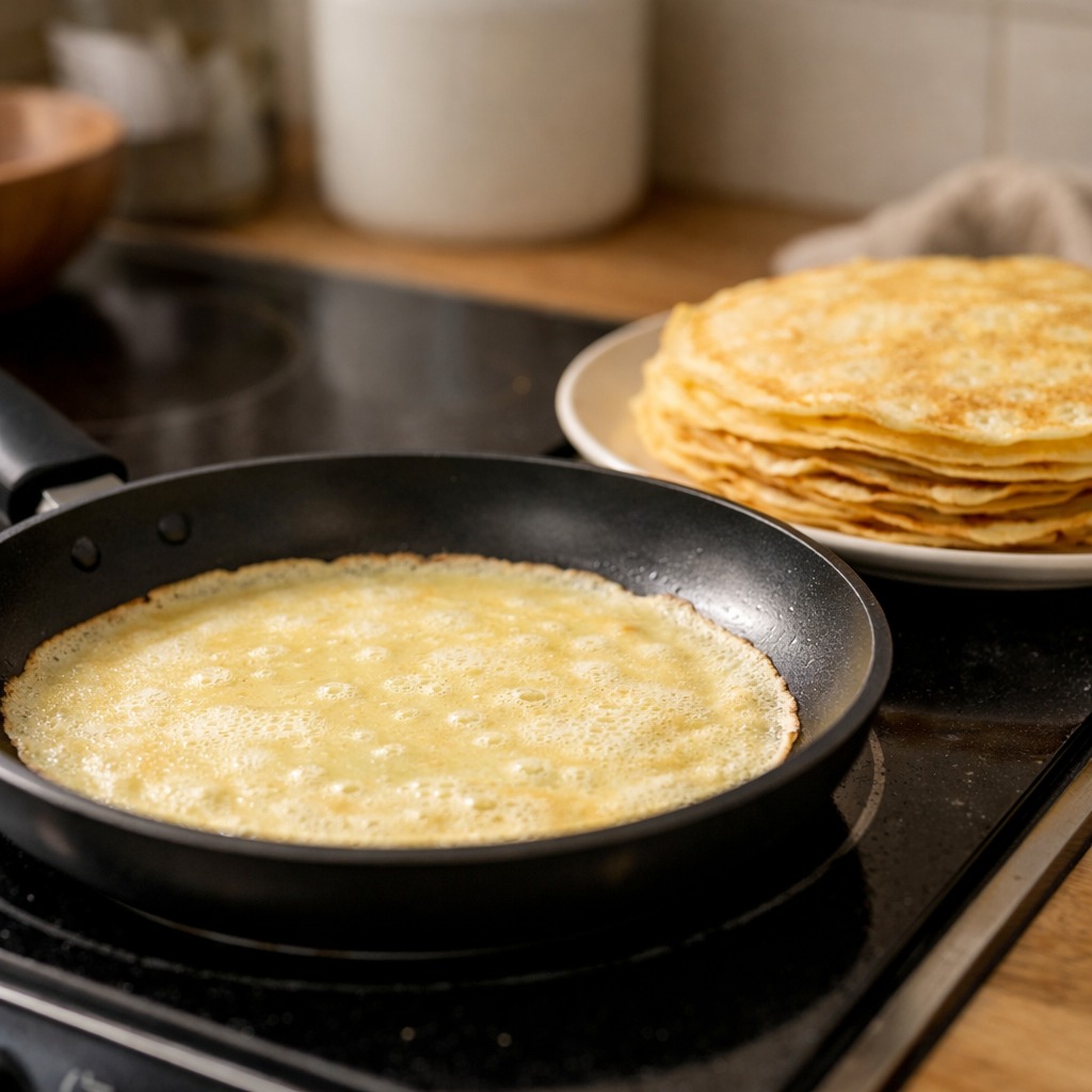 Thin golden crepe cooking in a pan with a stack of finished crepes on a plate beside it
