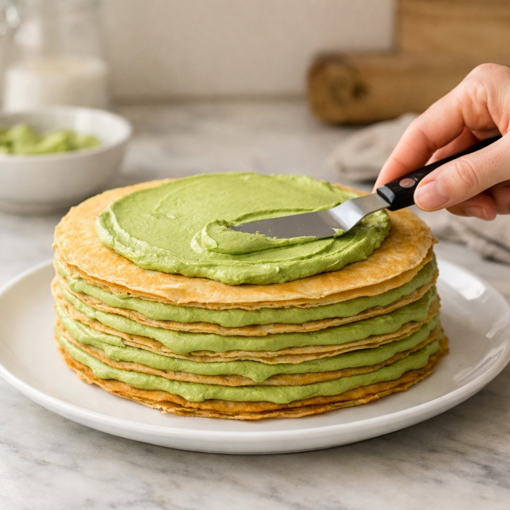 Partially assembled matcha crepe cake with green cream being spread between layers