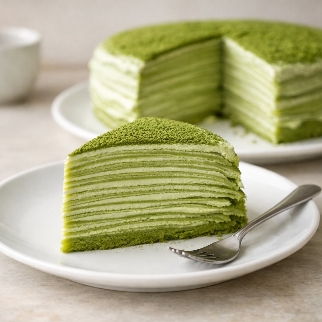 Slice of matcha crepe cake revealing dozens of thin layers with pale green cream between each