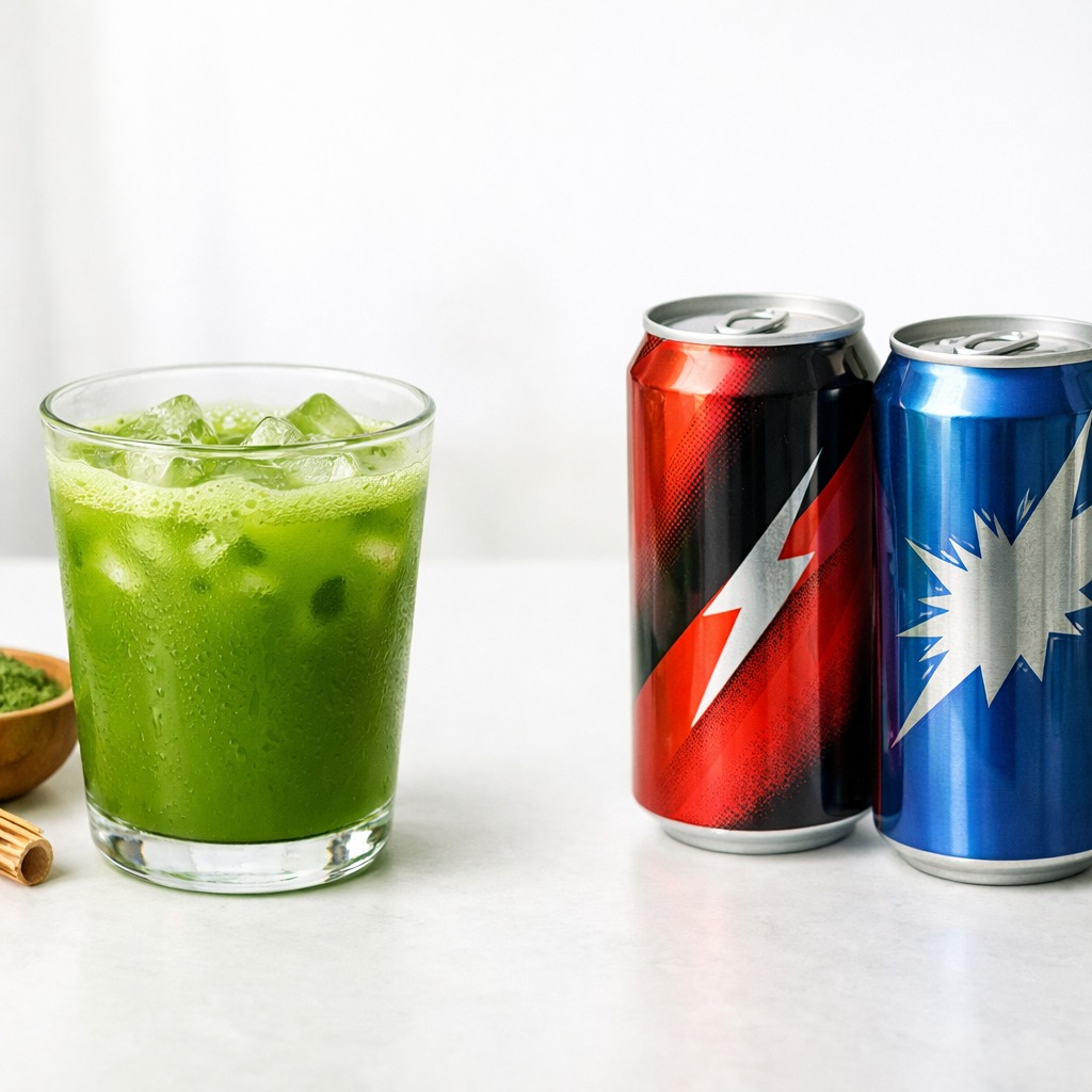 Fresh green matcha in a glass next to generic colourful energy drink cans for comparison
