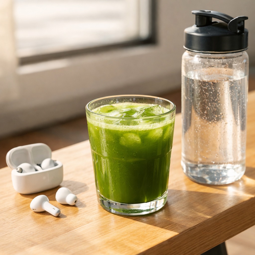 Glass of matcha next to a water bottle and wireless earbuds on a bench in morning light