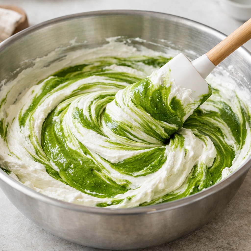 Mixing bowl with marbled streaks of white whipped cream and green matcha being folded together