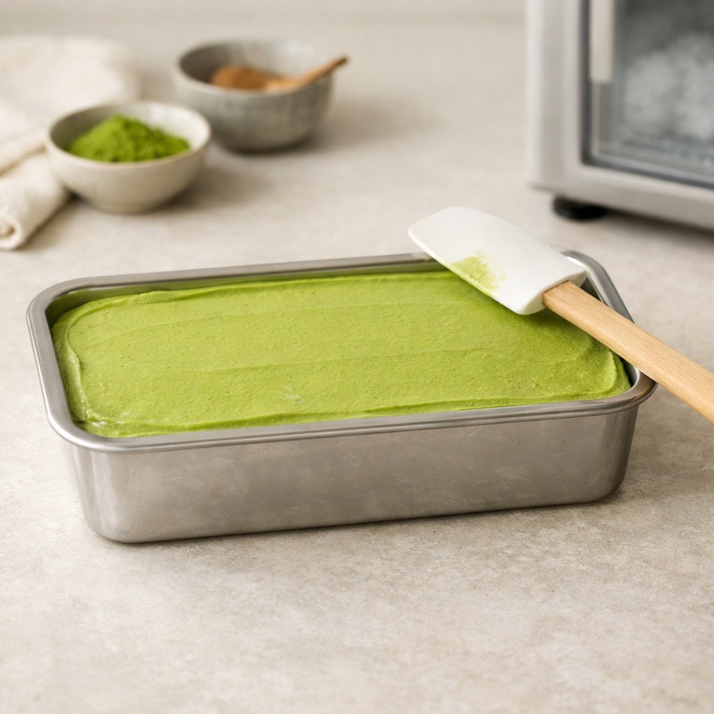 Container of smooth bright green matcha ice cream mixture with a smoothed flat top