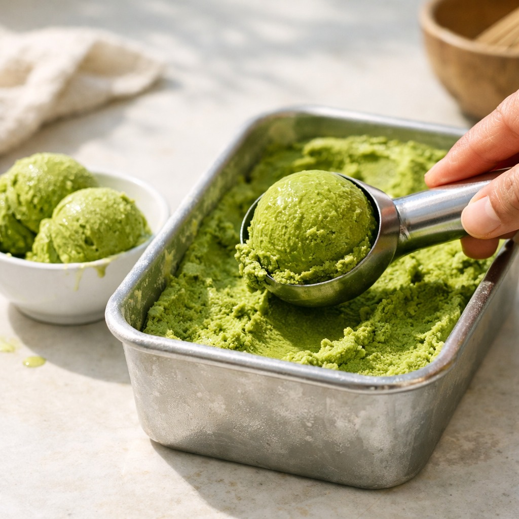 Hand scooping bright green matcha ice cream with a metal scoop, bowl of scoops nearby