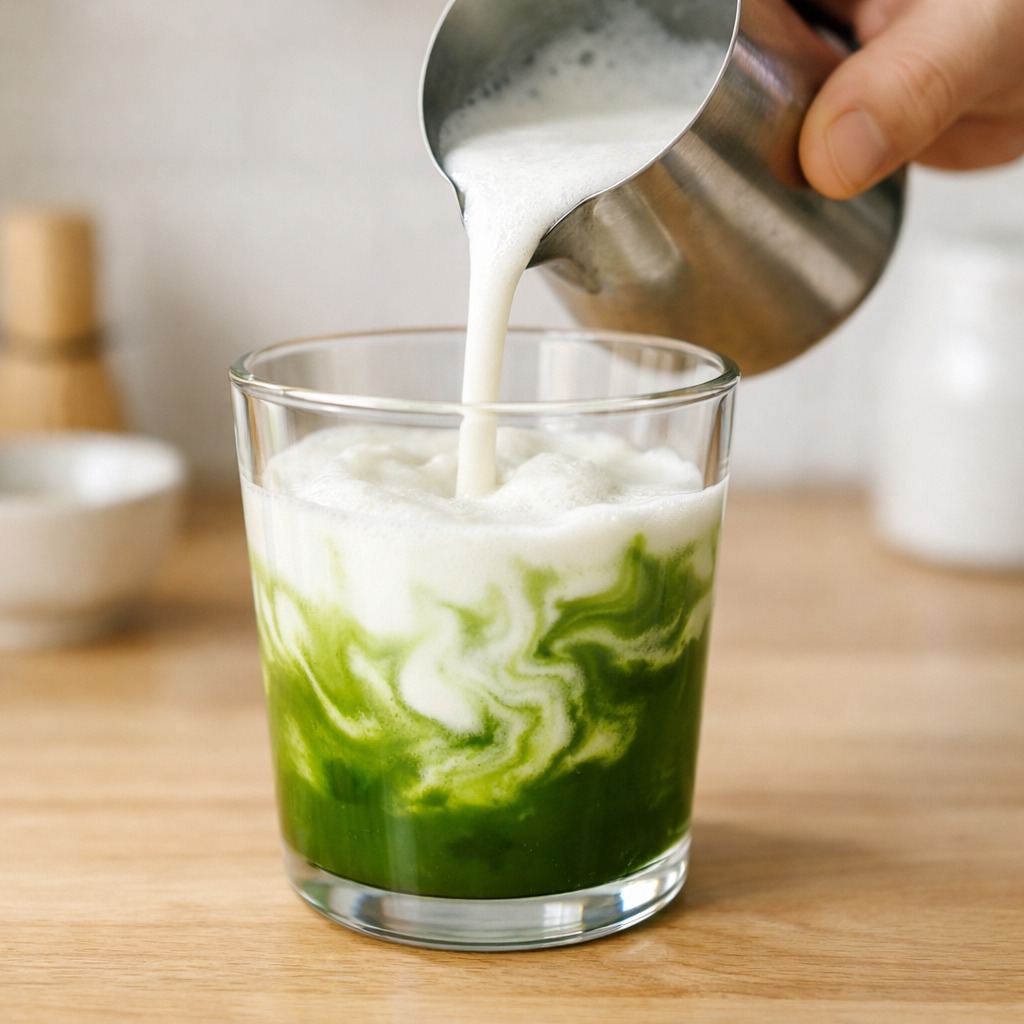 Frothed oat milk being poured into a glass of bright green matcha concentrate