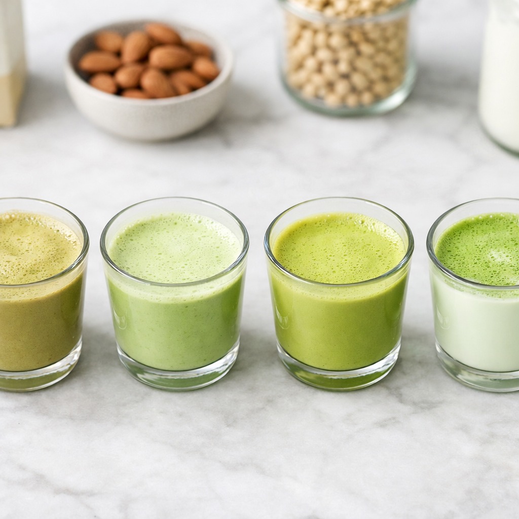 Four matcha lattes made with different milks: oat, almond, soy, and dairy