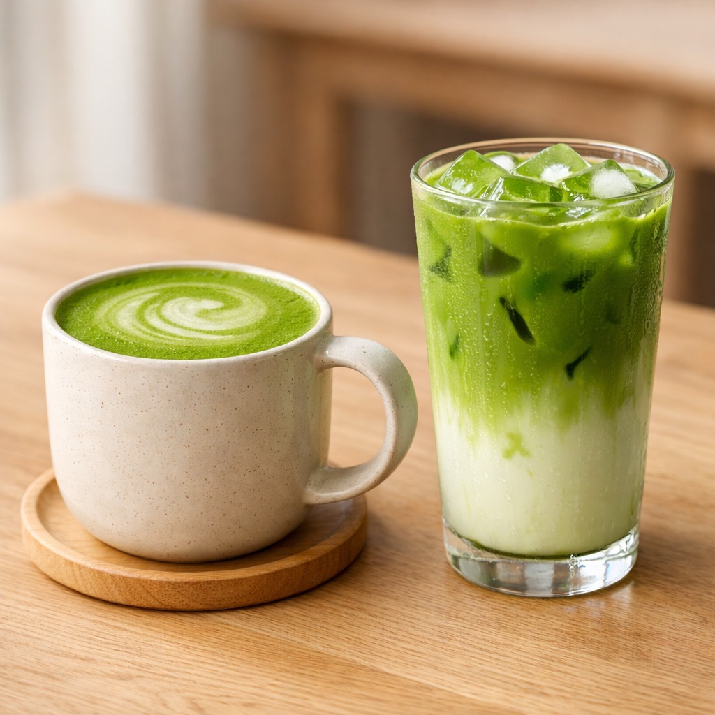 Hot matcha latte in a ceramic mug beside an iced matcha latte in a tall glass
