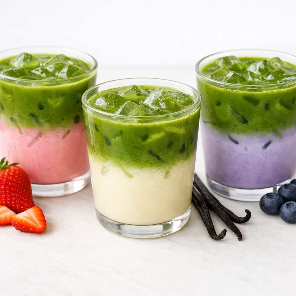 Three colourful matcha latte variations: strawberry pink, vanilla cream, and blueberry purple