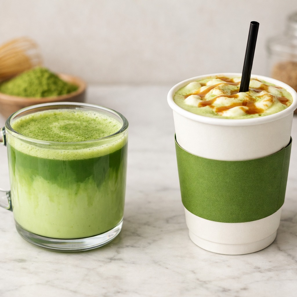 Simple homemade matcha latte in a glass beside a cafe-style matcha in a paper cup