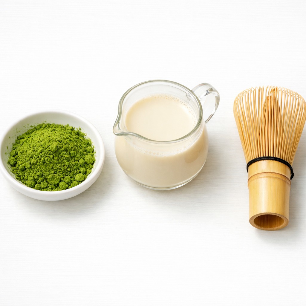 Flat lay of matcha latte ingredients: matcha powder, oat milk jug, and bamboo whisk