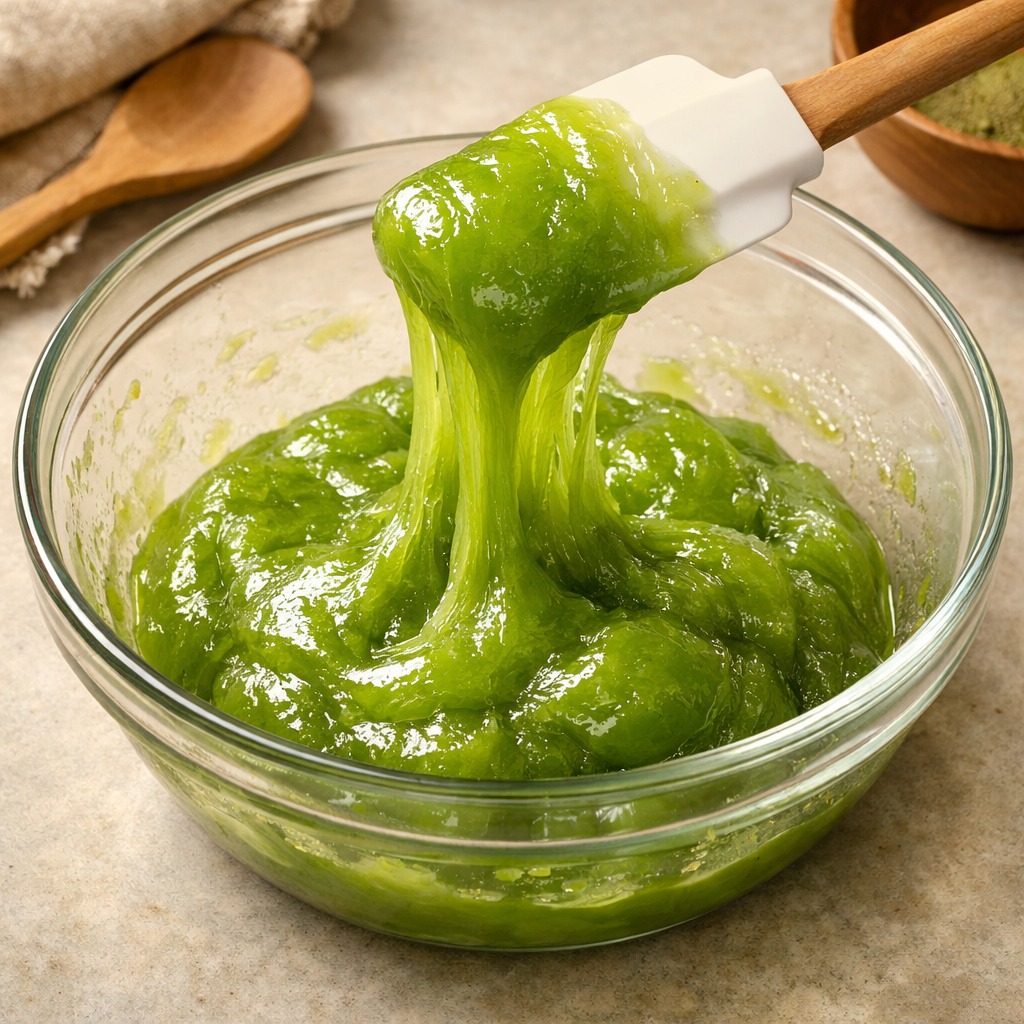 Bowl of freshly cooked translucent green matcha mochi dough being stretched with a spatula