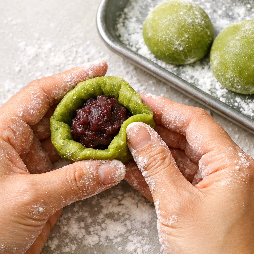 Flour-dusted hands shaping green matcha mochi dough around dark red bean paste filling