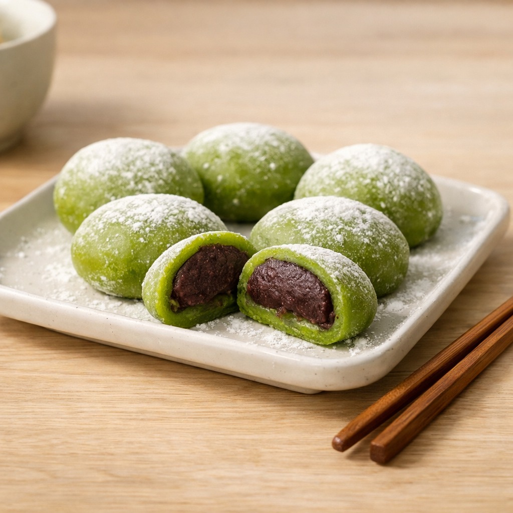 Six round matcha mochi on a plate, one cut open to show red bean paste filling inside