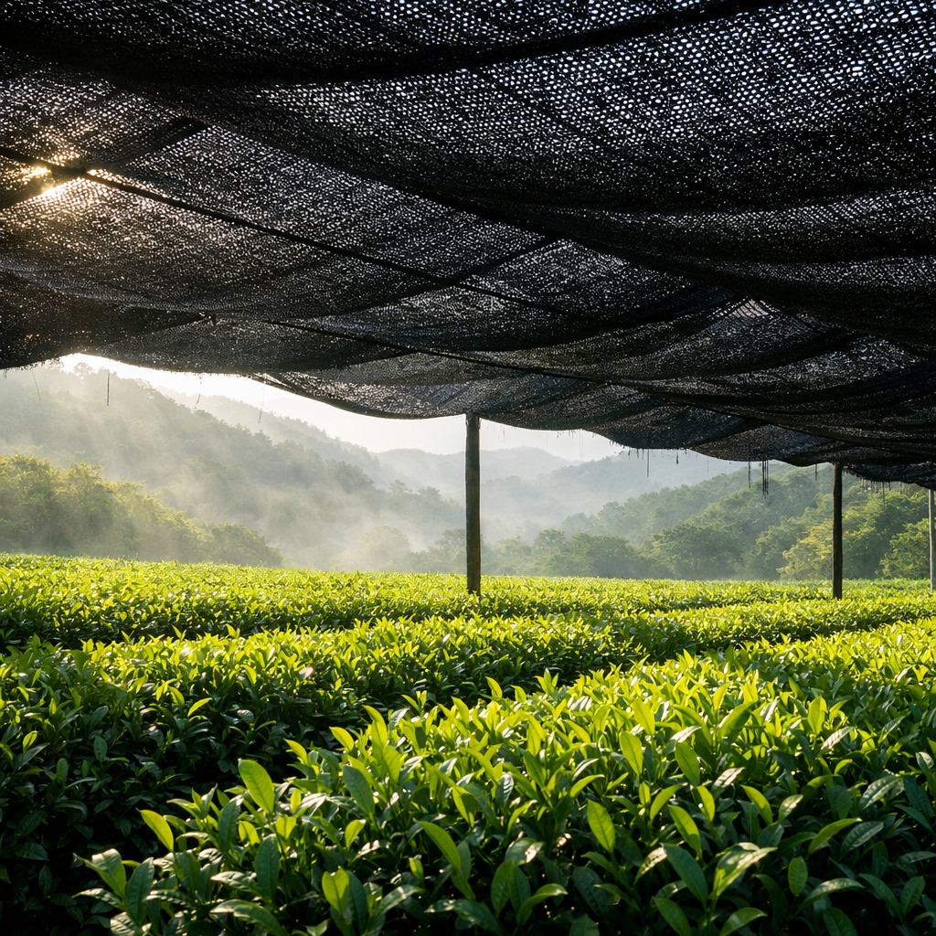 Tea bushes under black shade netting with dappled sunlight in a Japanese field