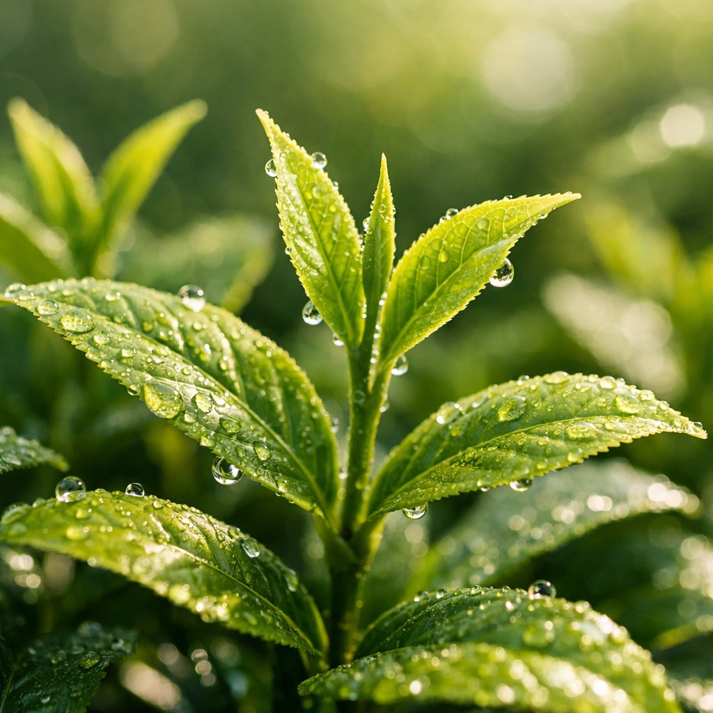 Close-up of fresh young tea leaves on a Camellia sinensis bush with morning dew