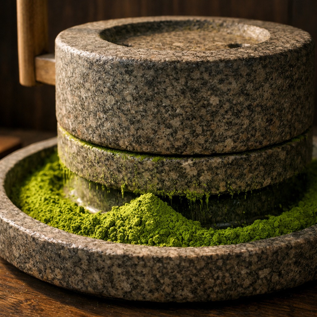 Traditional Japanese granite stone mill with matcha powder collecting at the base