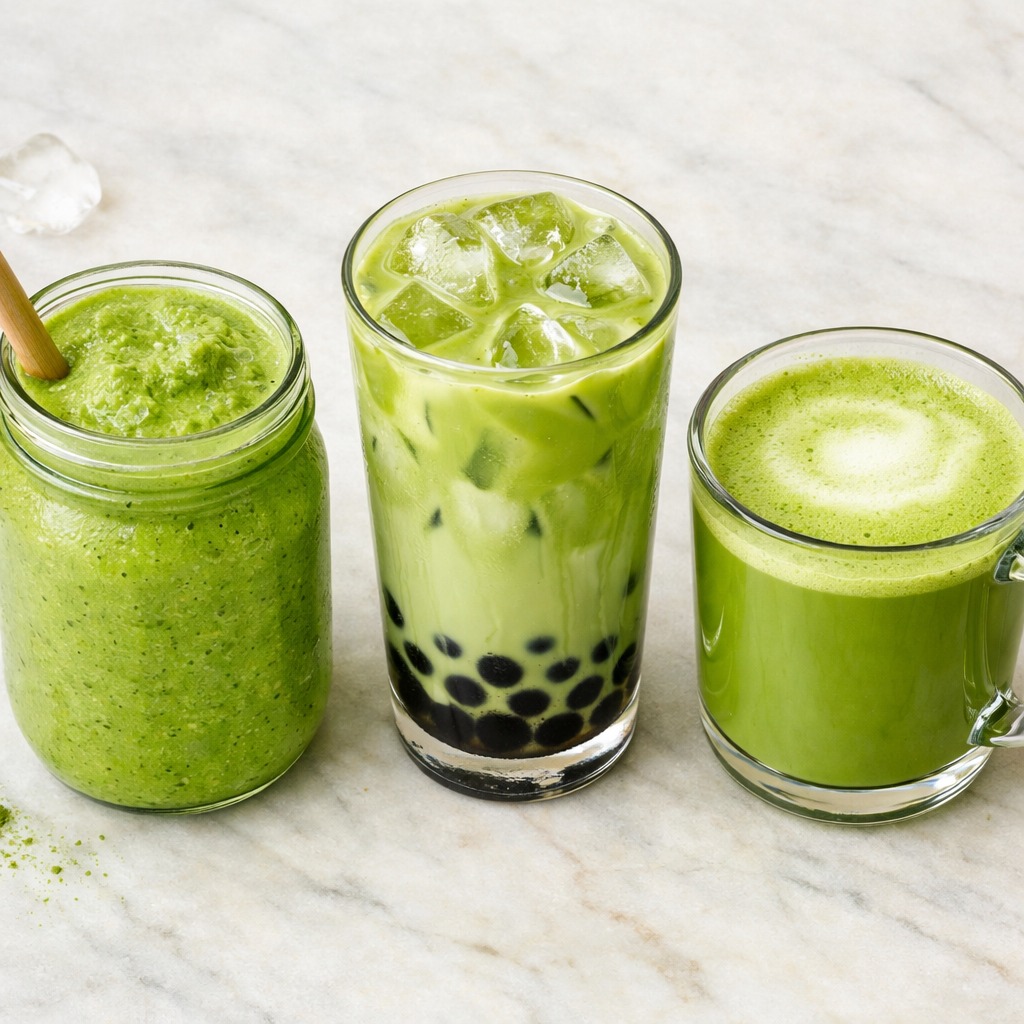 Three matcha drinks in a row: smoothie in a mason jar, bubble tea, and a latte