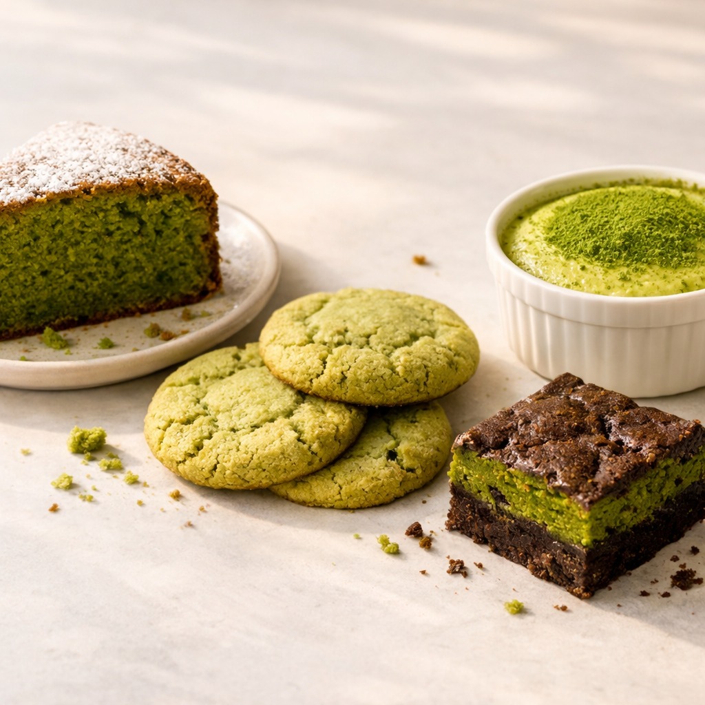 Spread of matcha baked goods: cake slice, cookies, a brownie, and cheesecake
