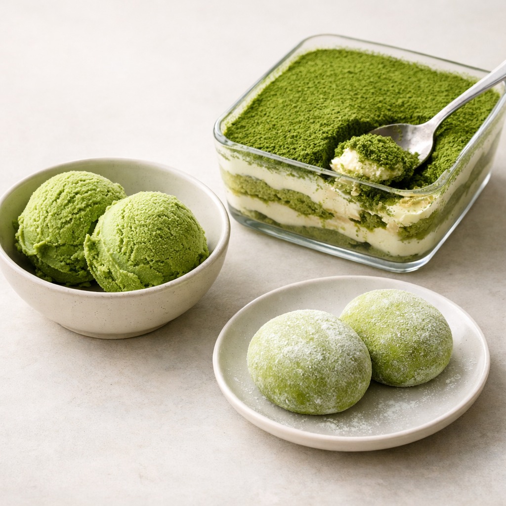 Three matcha desserts: ice cream scoops, tiramisu portion, and round mochi