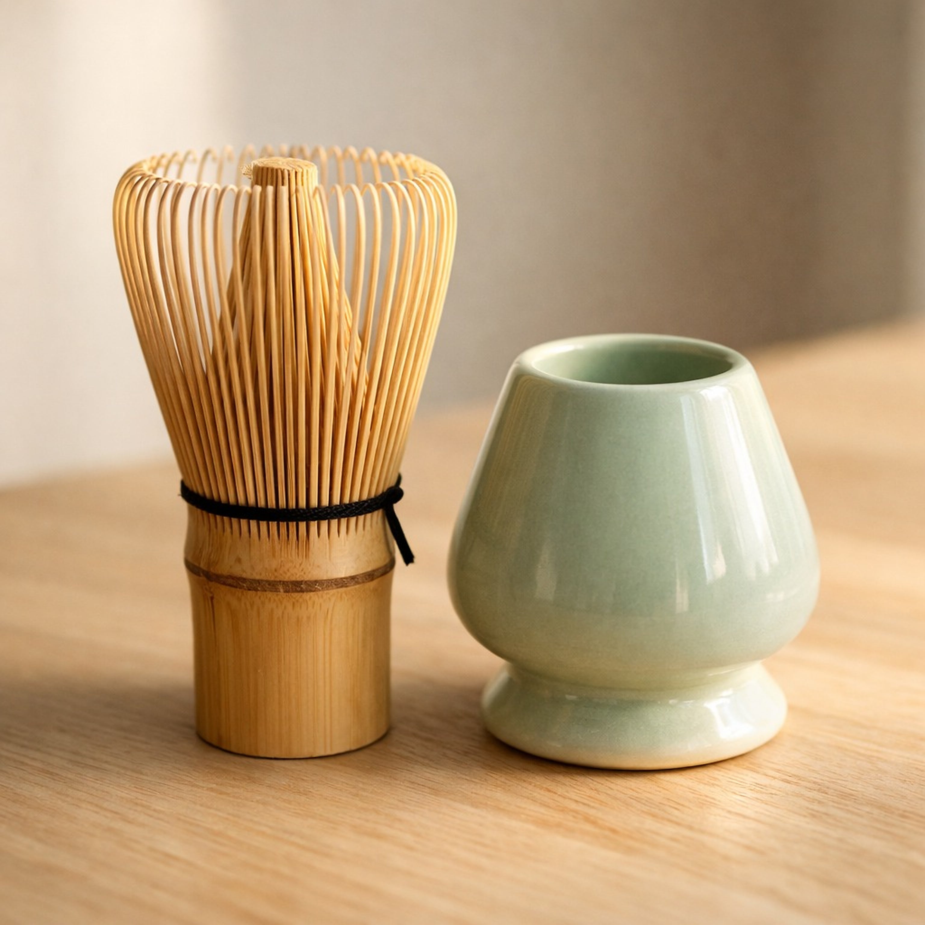 Close-up van een bamboe matcha garde die rechtop staat op een keramische gardehouder