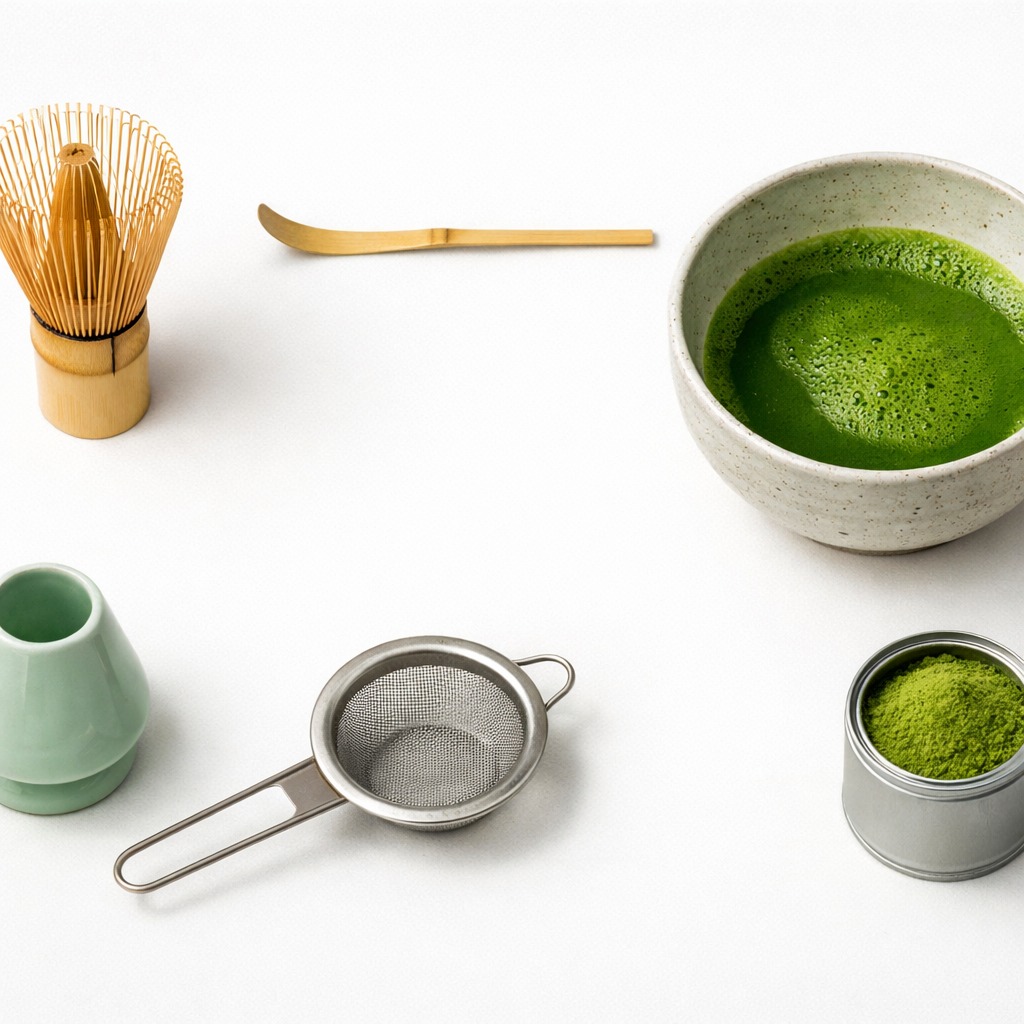 Overzicht van matcha-hulpmiddelen: garde, schepje, kom, blikje, zeef en houder