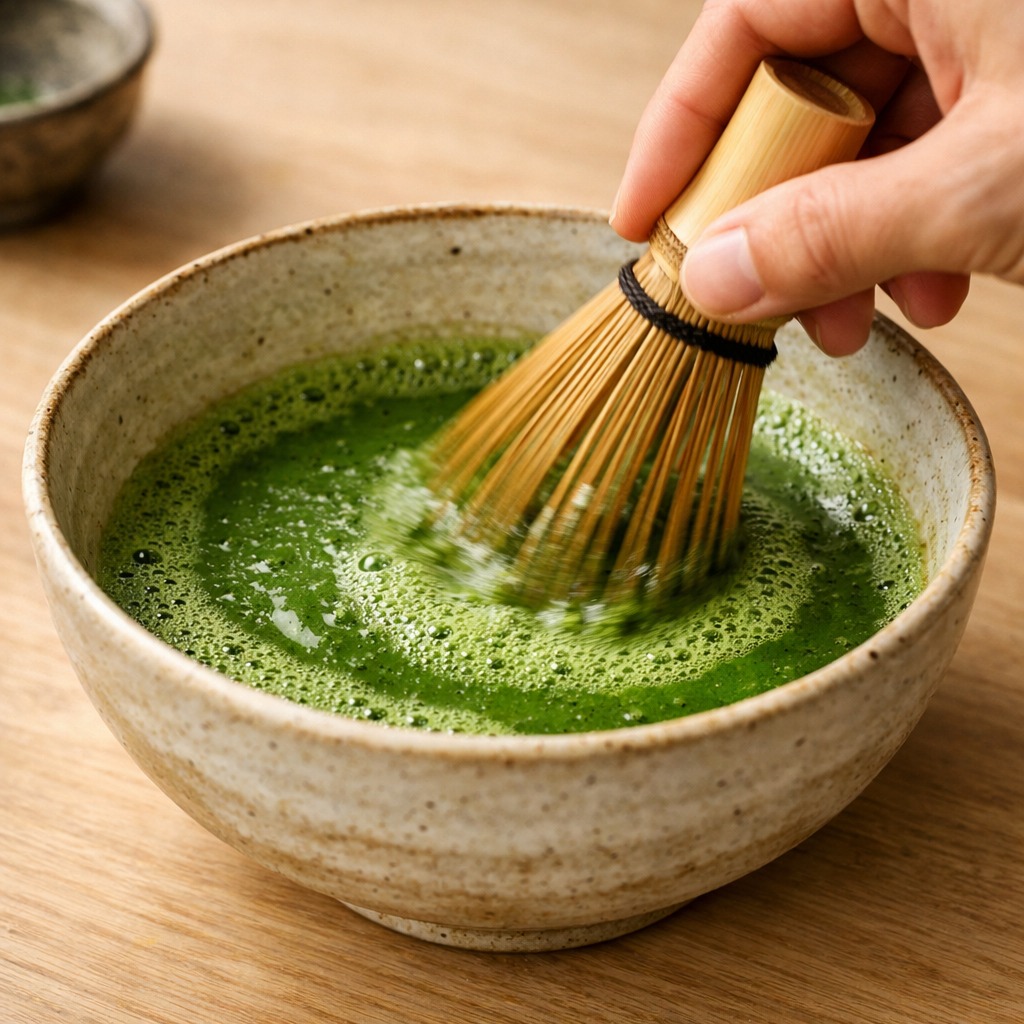 Hand die matcha klopt in een brede keramische kom met schuim op het oppervlak