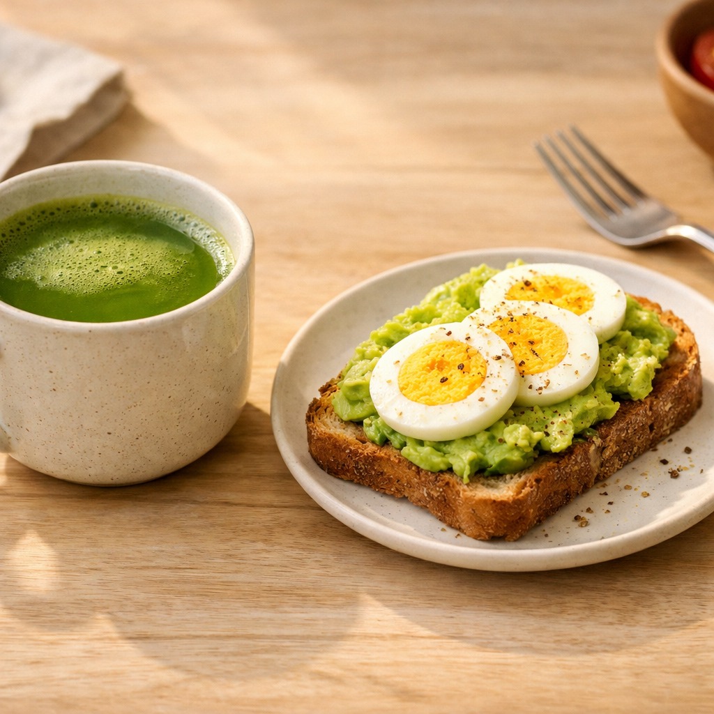 Cup of matcha next to toast with avocado and boiled egg at a breakfast table
