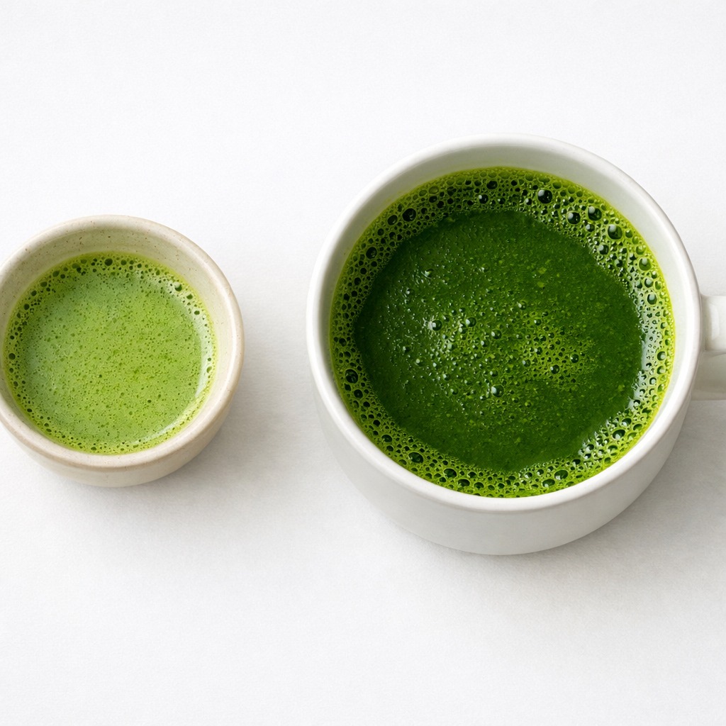 Two cups of matcha comparing a light gentle serving with a dark concentrated one