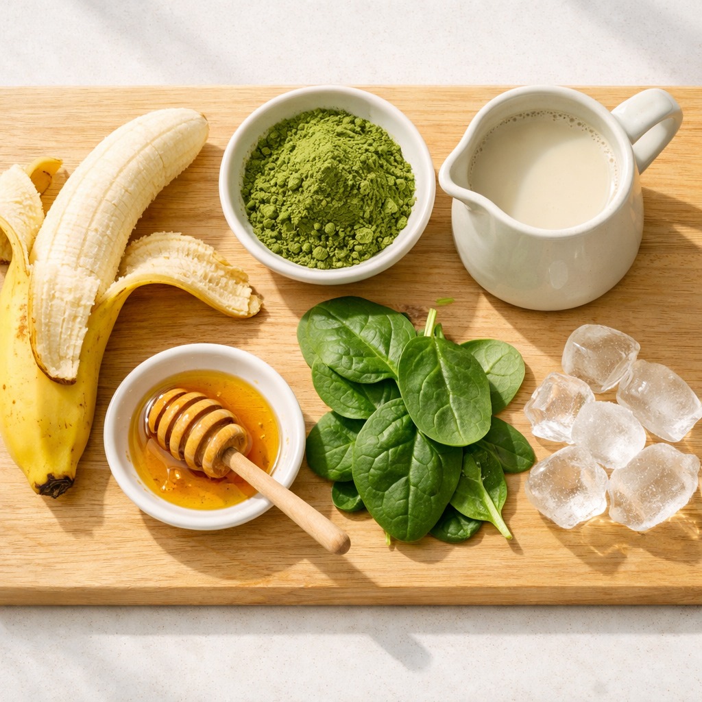 Flat lay of smoothie ingredients: banana, matcha powder, oat milk, spinach, honey, and ice